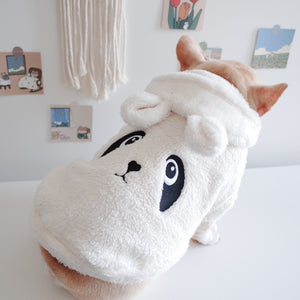 Beige plush animal dog hoodie with embroidered face