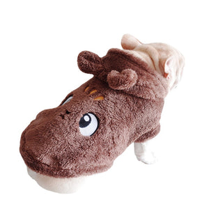 Brown plush animal hoodie worn by a small dog