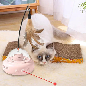 Motion-sensing feather teaser toy encouraging exercise and mental stimulation for cats.