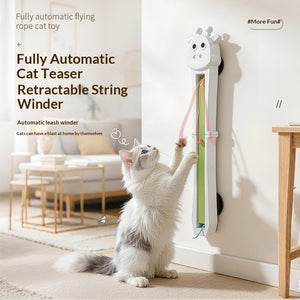 Indoor cat playing with a wall-mounted interactive teaser toy.