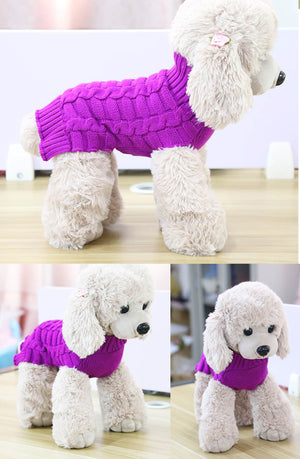 Purple high-neck cable knit dog jumper