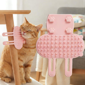 Cat self massage brush attached to a furniture leg using adjustable straps.