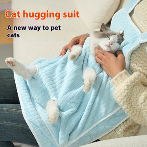Cat hugging apron suitable for supervised cuddle sessions.