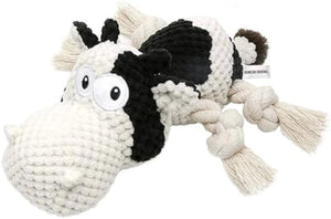 PAWABY plush squeaky cow dog toy made from soft plush fabric for interactive play and gentle chewing.