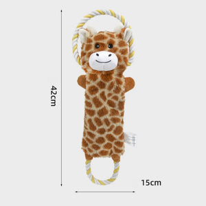 Soft plush dog toy with rope element and squeaky feature