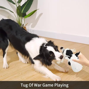 Close-up of the PAWABY soft cow dog toy with built-in squeaker