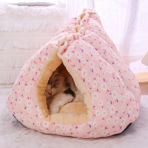 Pink floral convertible cat cave bed