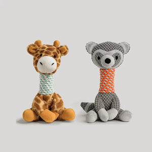 Raccoon long-neck plush dog toy measuring approximately 30 × 13cm