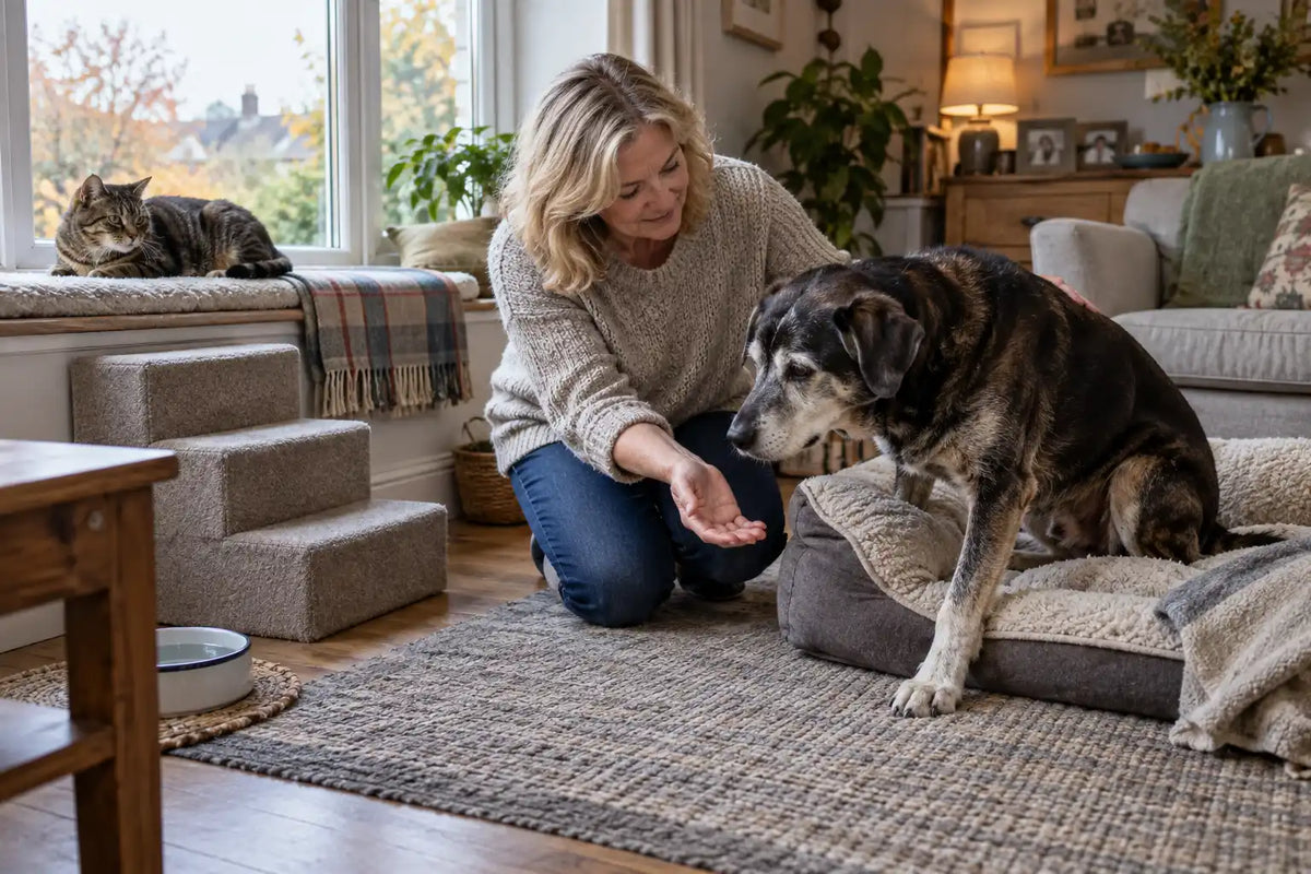 Owner helping a grey-muzzled senior dog beside a low bed while an older tabby cat rests nearby