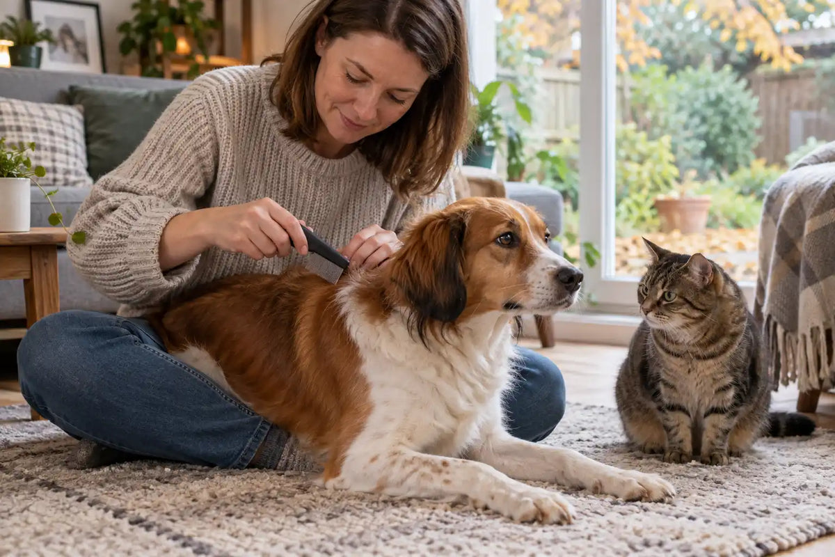 Owner checking a dog's coat with a flea comb while a tabby cat sits nearby in an autumn UK home
