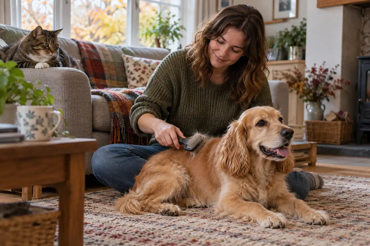 Owner gently brushing a dog while a tabby cat rests nearby in a bright UK home