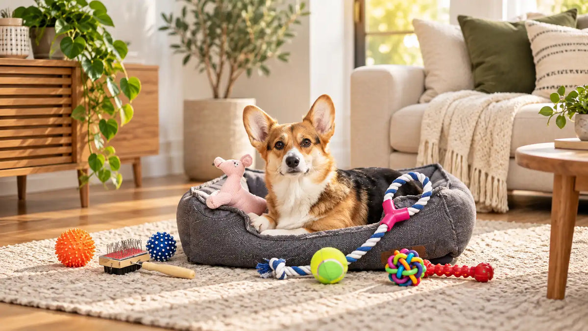 Cocker spaniel choosing between puzzle, tug, plush and fetch toys in a UK home