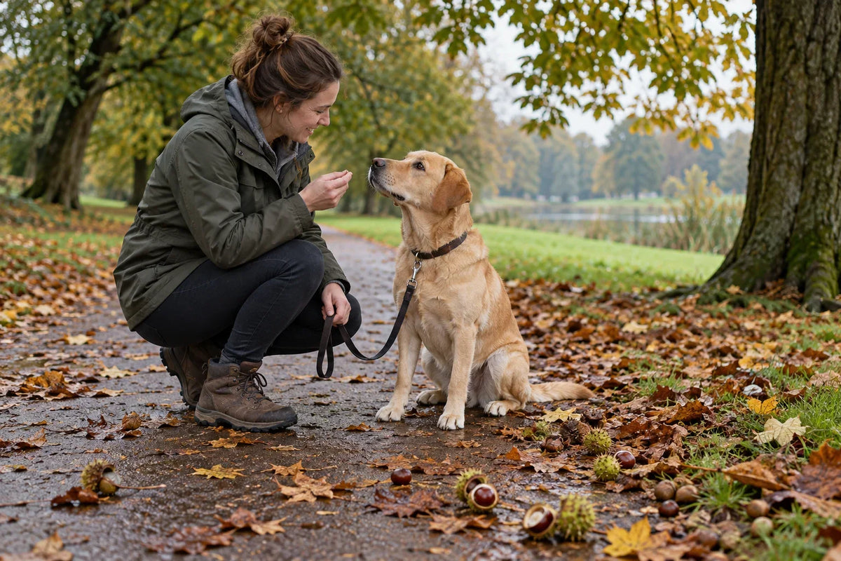 Owner rewarding a Labrador for ignoring conkers and acorns on a UK autumn walk