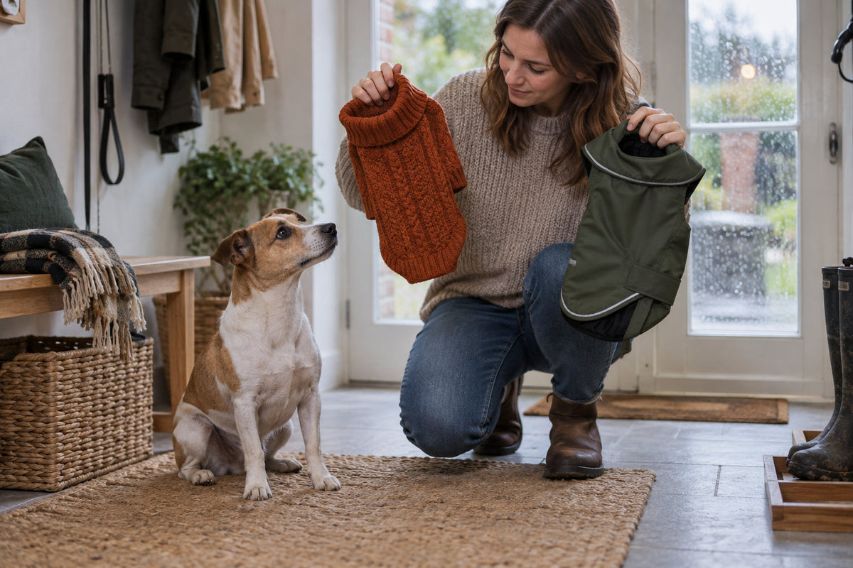 Owner comparing a knitted dog jumper and waterproof coat beside a small dog