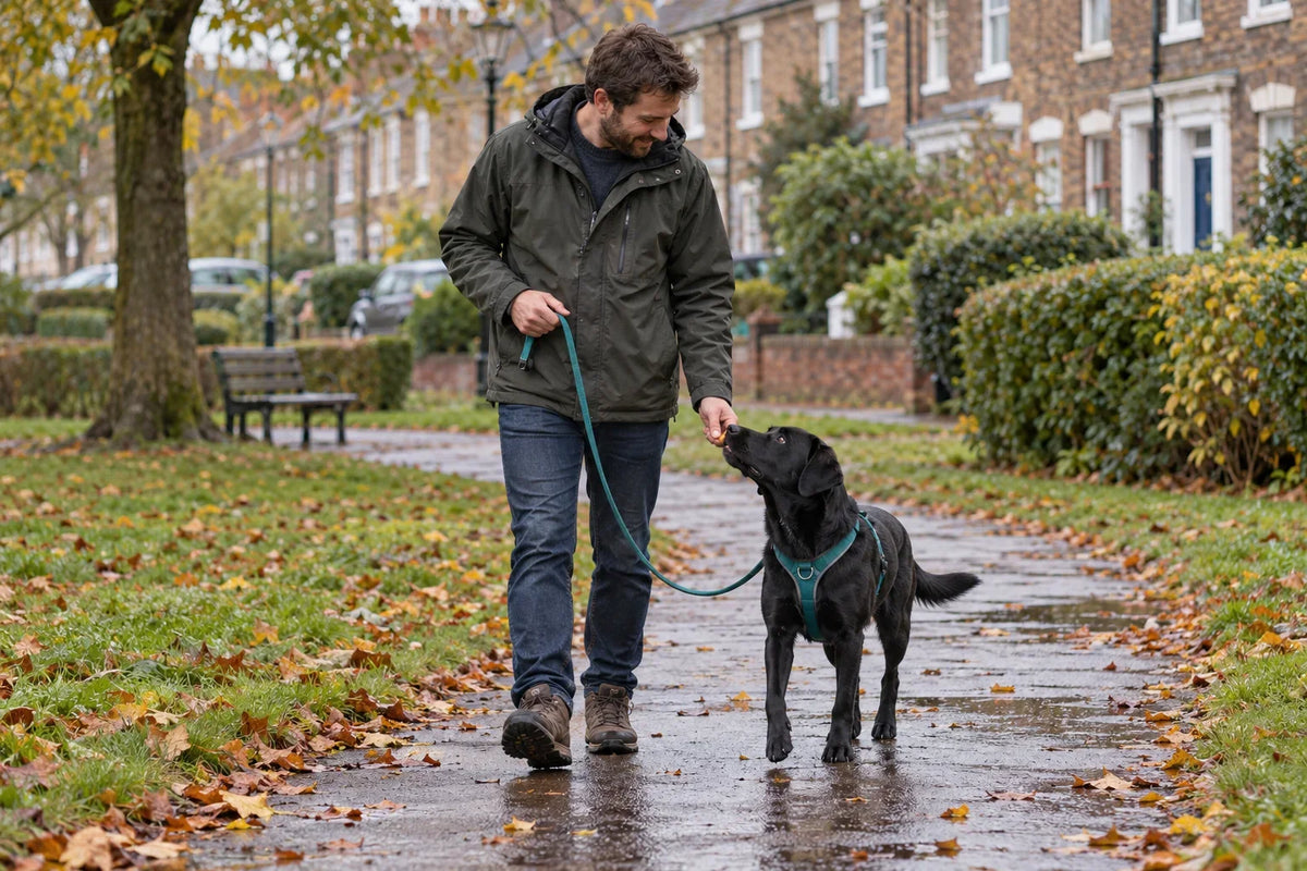 Owner rewarding a black dog for walking on a loose lead in a UK neighbourhood