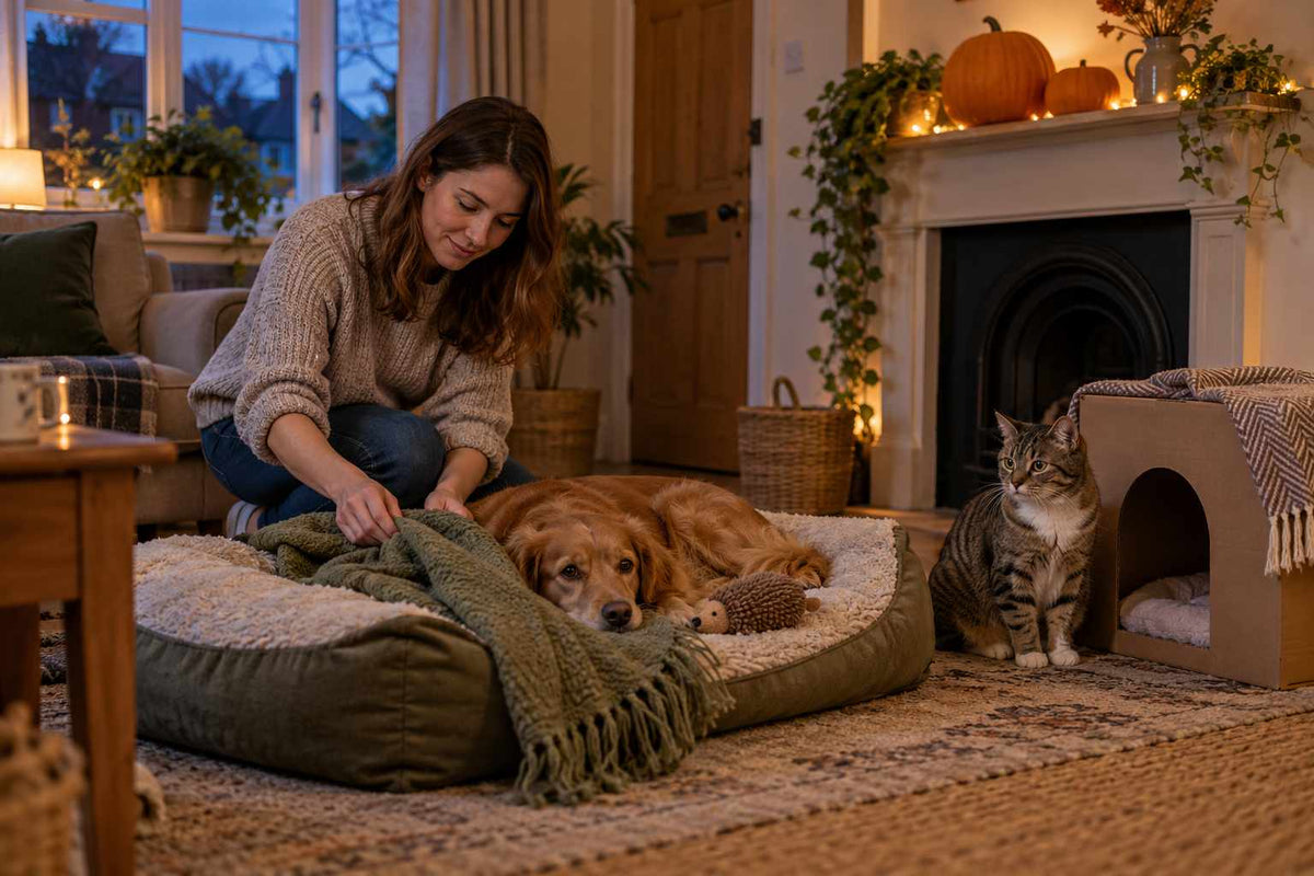 Owner preparing a quiet Halloween retreat for a relaxed dog and tabby cat in a UK home