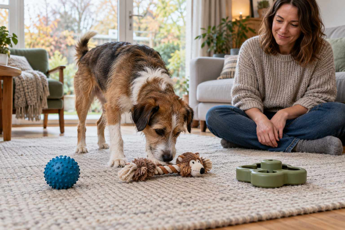 Dog choosing a plush rope toy while its owner watches in a UK living room