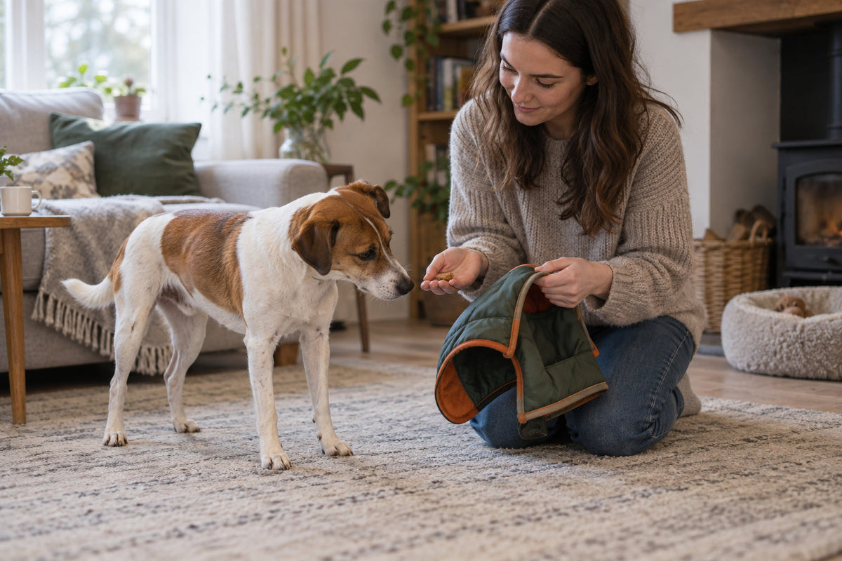 Owner calmly rewarding a dog while introducing a coat at home