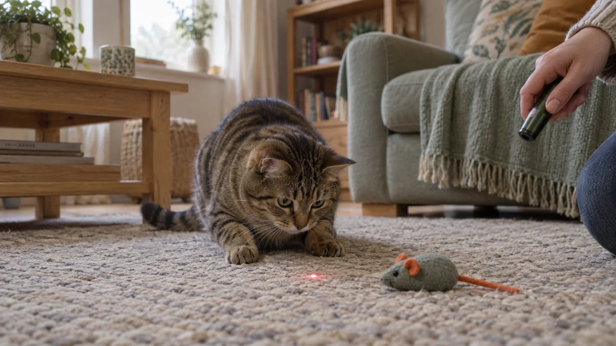 Tabby cat safely chasing a laser dot on the floor with a mouse toy nearby