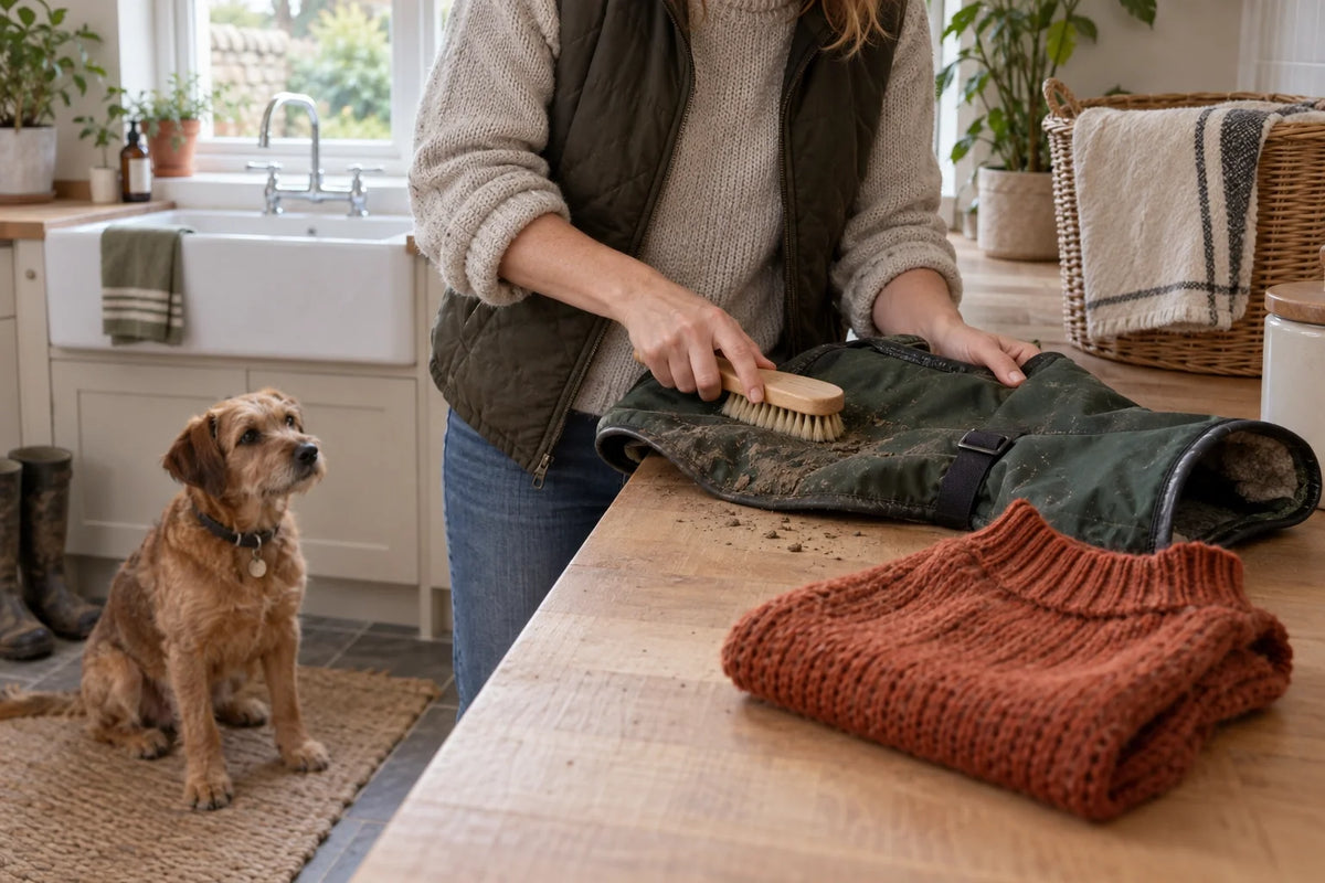 Owner brushing dried mud from a dog coat beside a washing basin at home