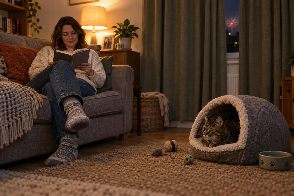Cat resting in a covered bed while distant fireworks glow outside a closed window