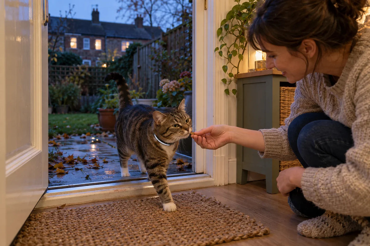 Tabby cat returning indoors for a food reward at dusk in a UK home