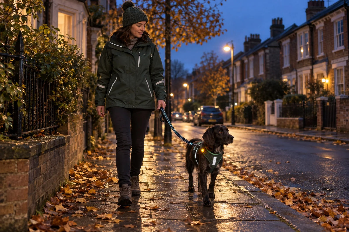 Owner walking a dog in reflective gear on a dark autumn evening in the UK