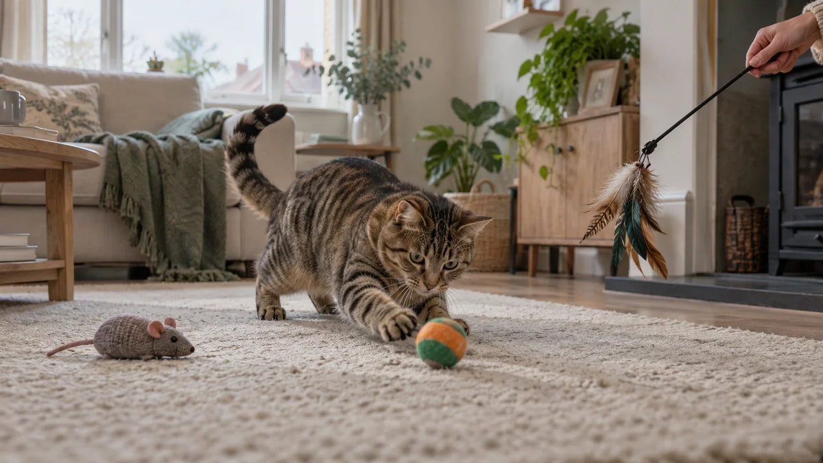 Tabby cat playing with a rolling ball beside mouse and feather toys at home