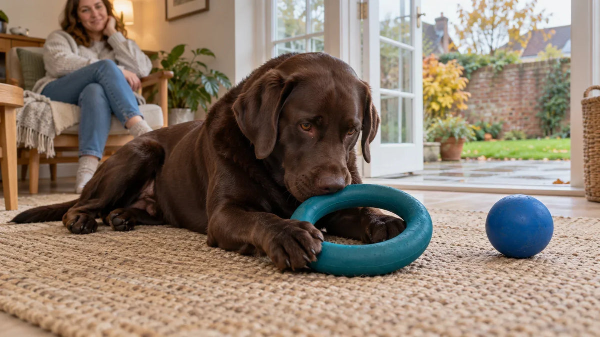 Chocolate Labrador investigating a large rubber ring while its owner supervises at home