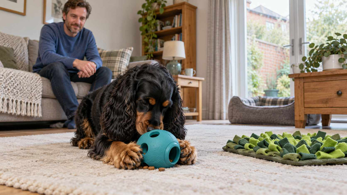 Cocker spaniel exploring a rubber food toy while its owner supervises in a UK living room