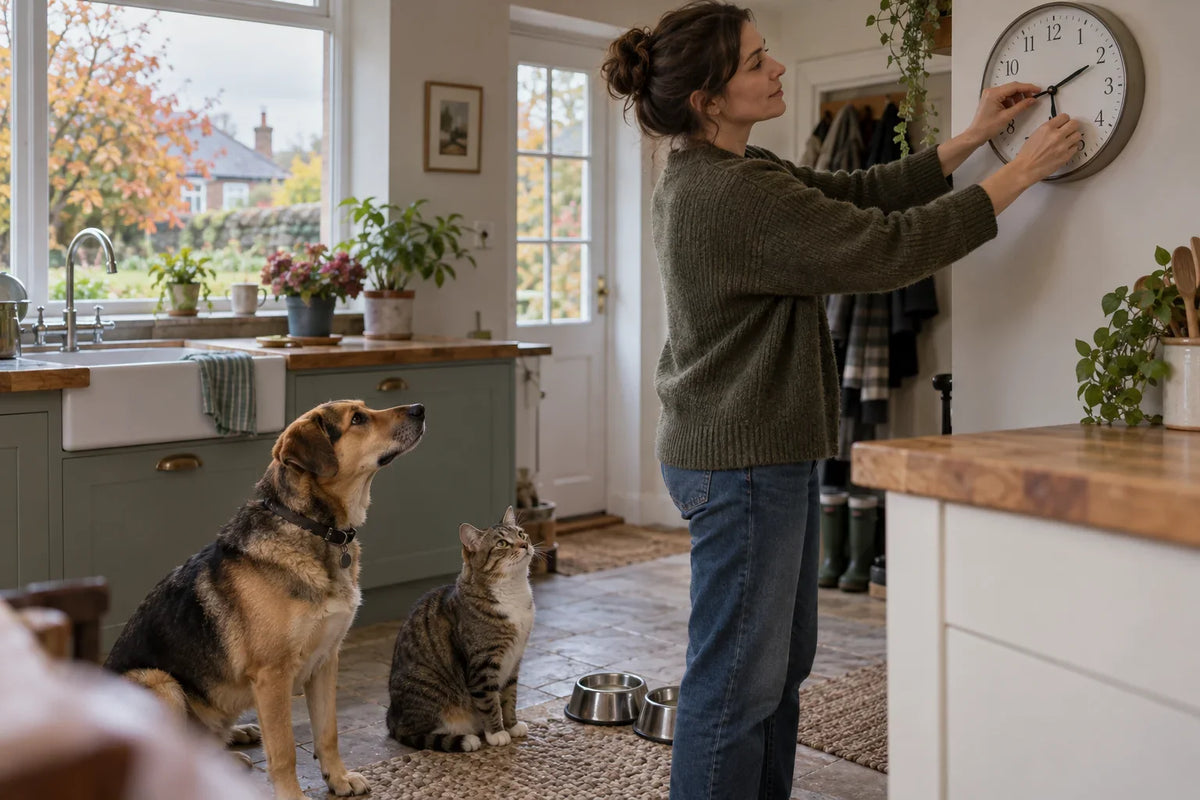 Owner adjusting a clock while a dog and cat wait calmly for breakfast in a UK kitchen