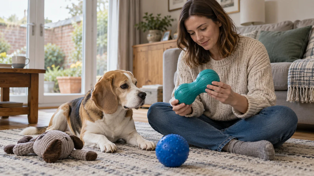 Owner inspecting a rubber dog toy beside a beagle, with a ball and plush toy on the rug