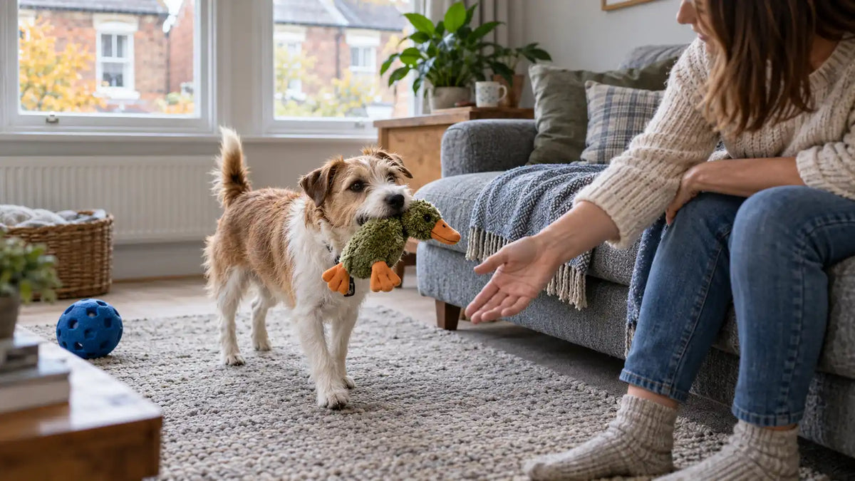 Terrier carrying a plush duck toy to its owner in a British living room