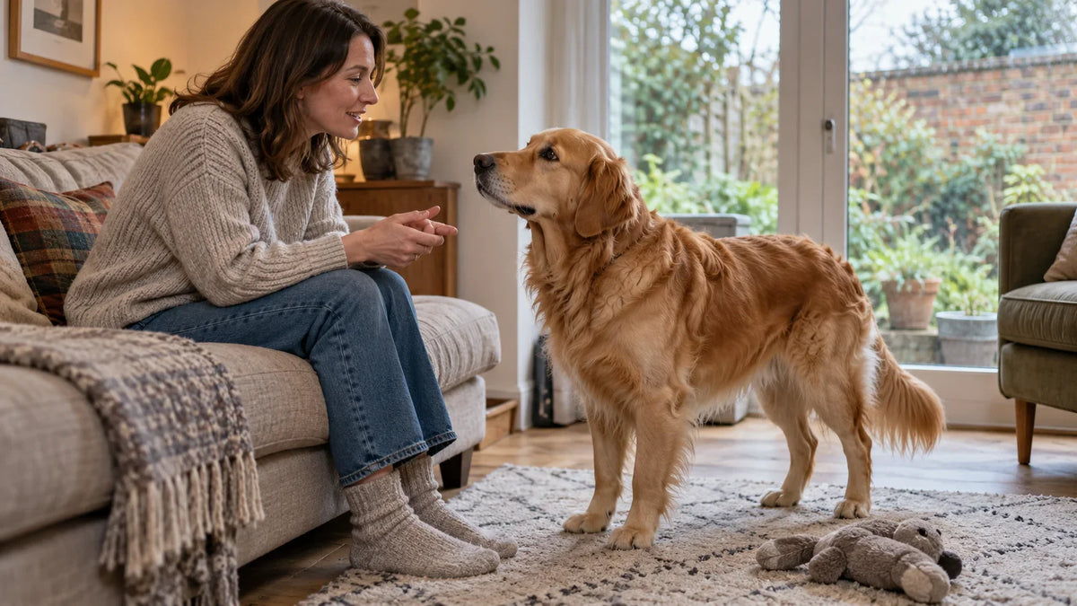 Owner speaking warmly to an attentive golden retriever in a UK living room