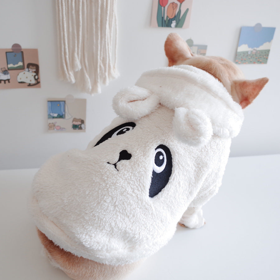 Beige plush animal dog hoodie with embroidered face
