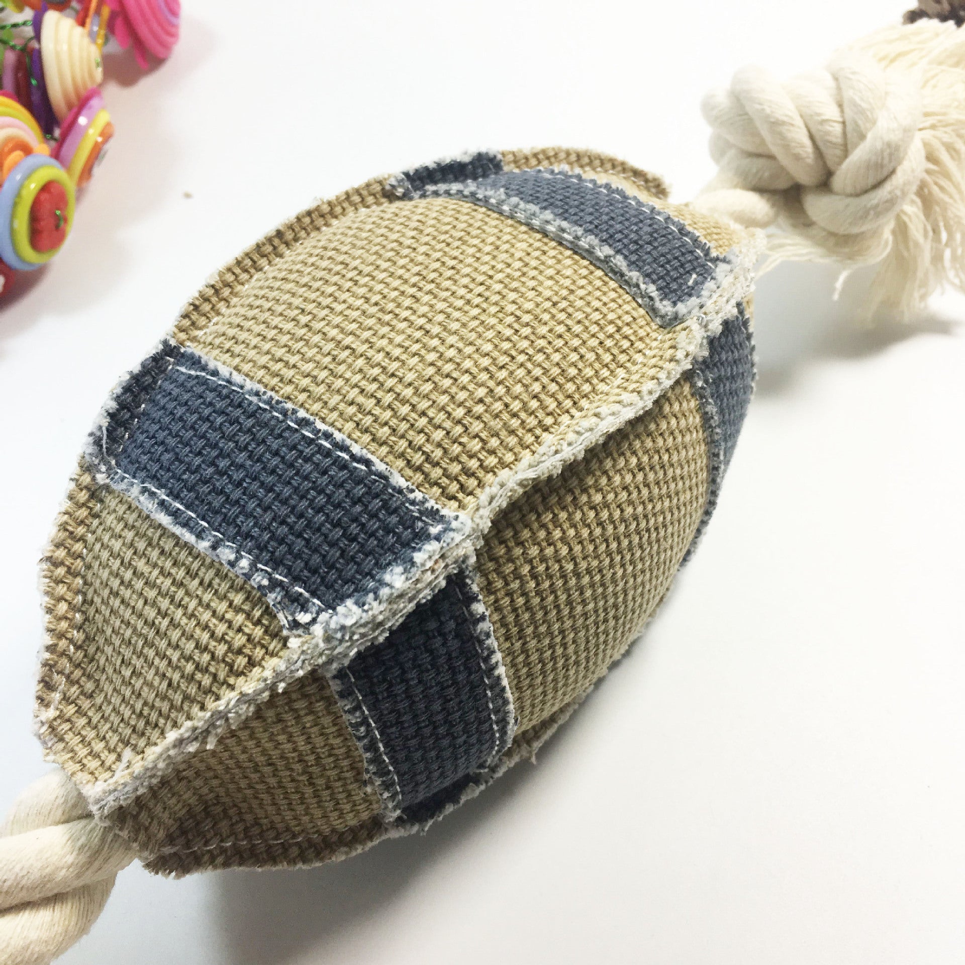Bite-resistant dog toy made from linen and cotton rope.