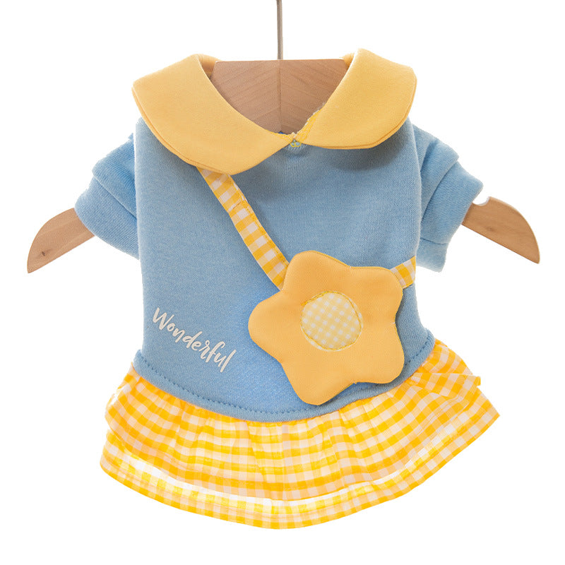 Blue small dog dress with yellow gingham skirt and flower faux purse