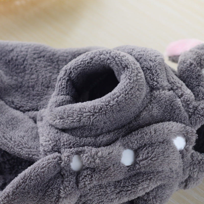 Brown elk-style hooded fleece onesie for a small dog