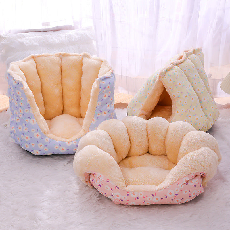 Cat bed arranged as an open padded sofa