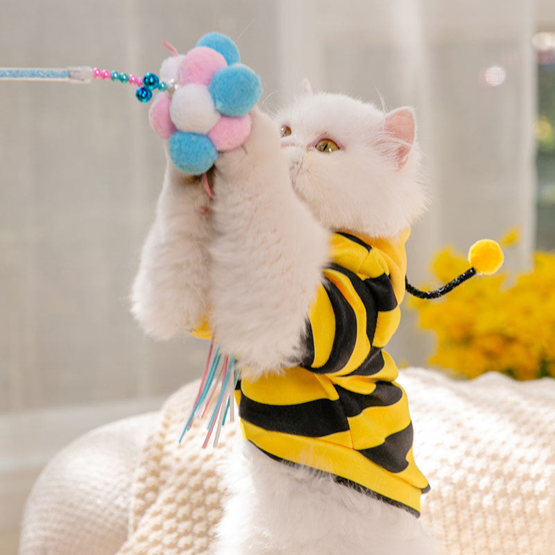 Back view of striped bee costume hoodie for cats