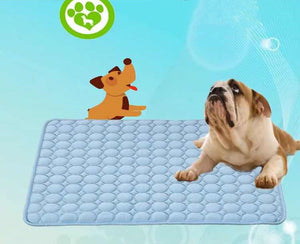 Dog resting on a breathable cooling mat indoors