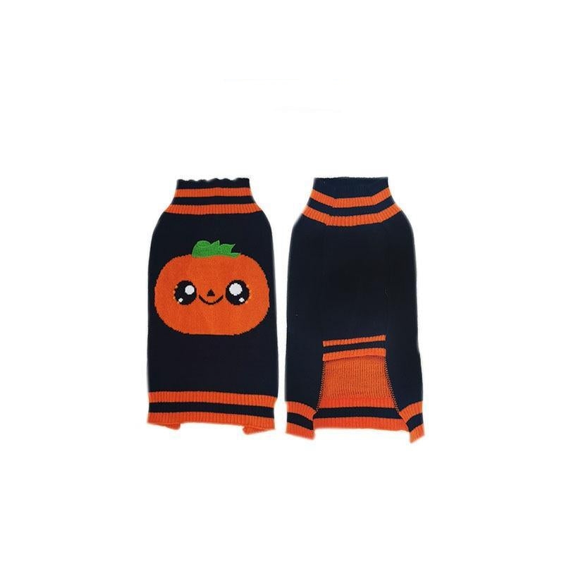 Dog wearing orange and black striped Halloween jumper