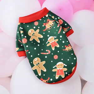 Green gingerbread dog T-shirt showing the red neckline and short sleeves