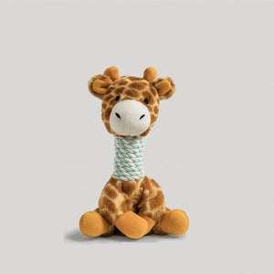 Brown giraffe squeaky plush dog toy with rope-wrapped neck