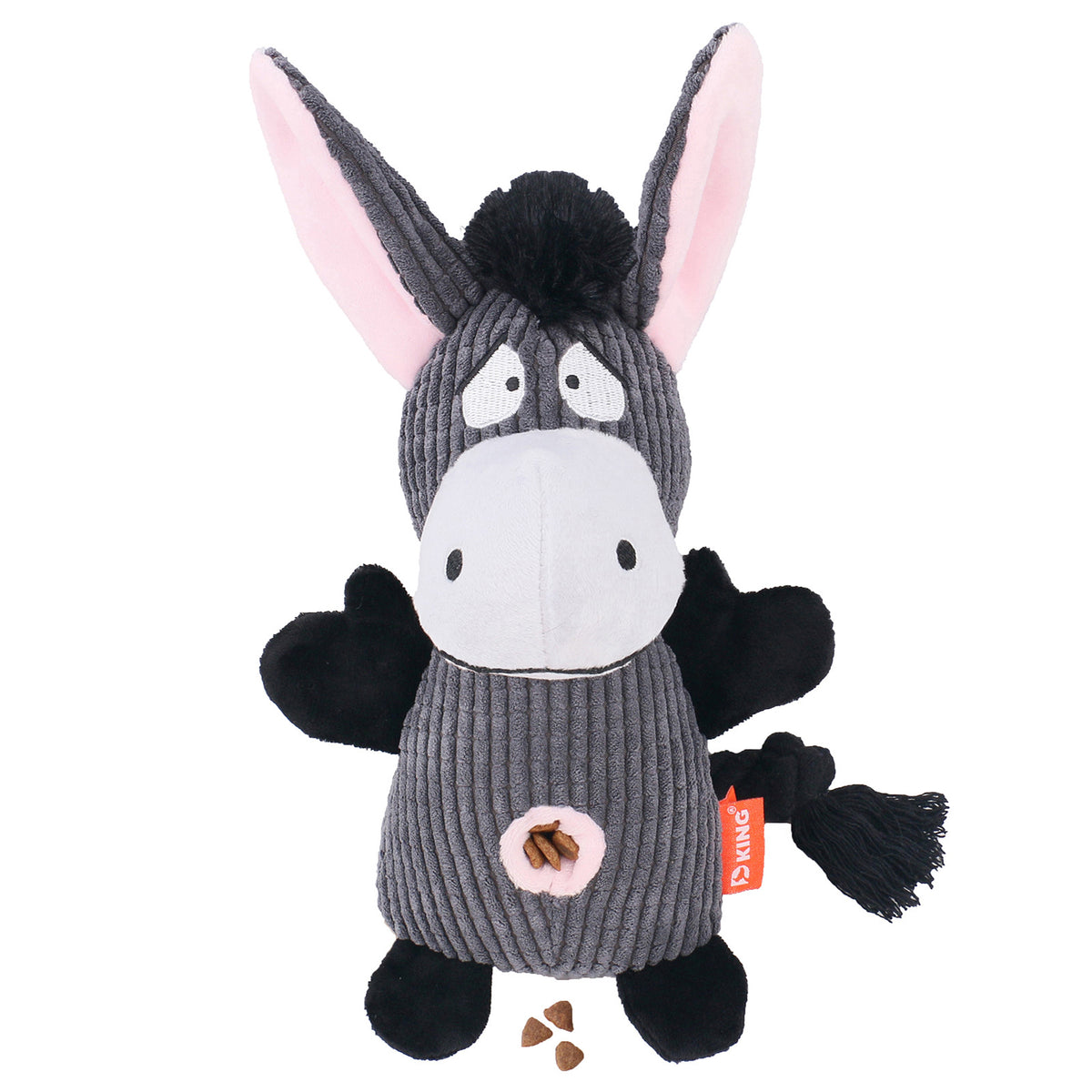 Grey donkey squeaky dog toy with knotted rope tail