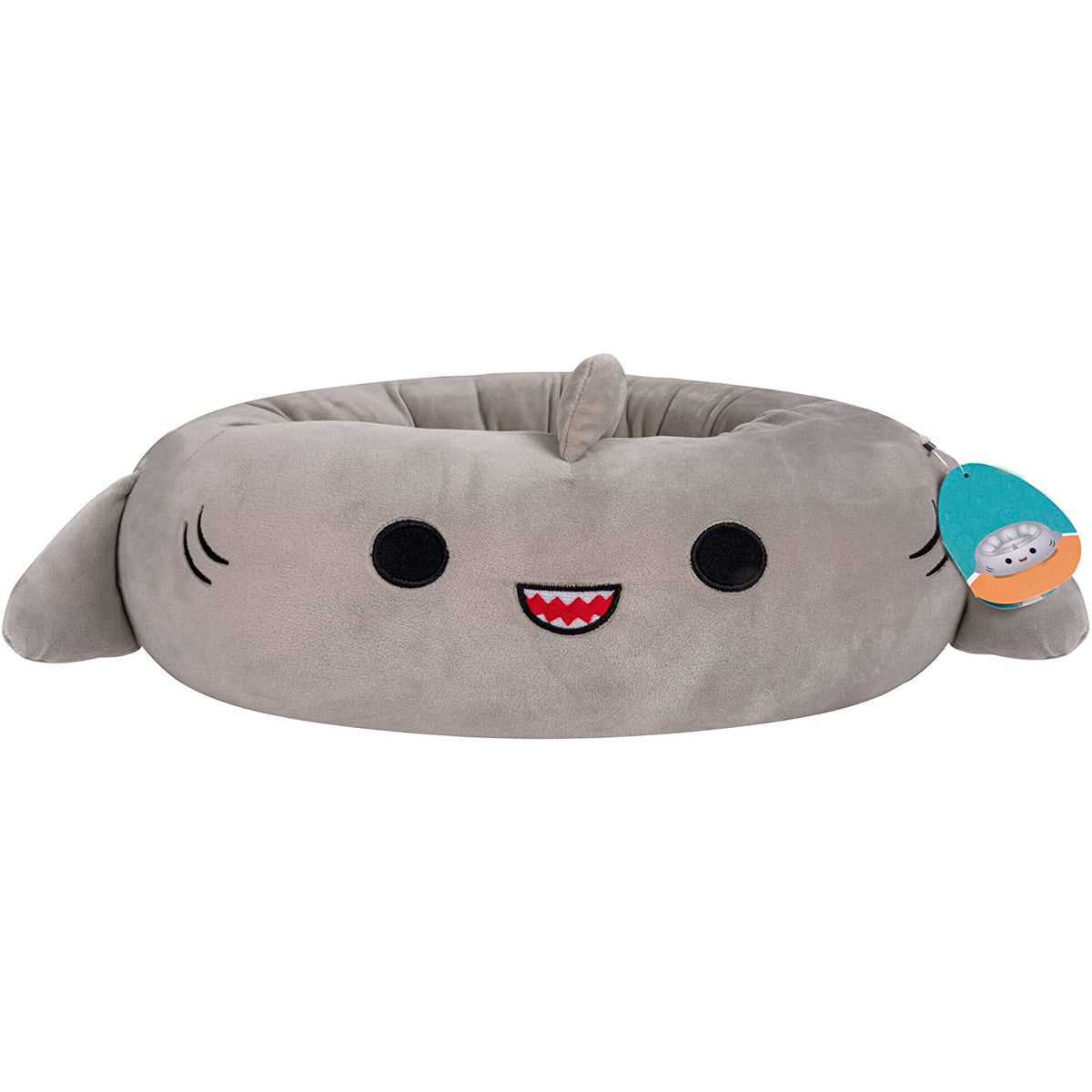 Front view of grey shark dog bed with embroidered face