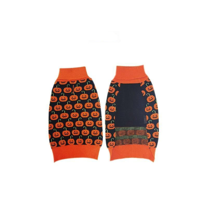 Back view of orange and black pumpkin dog jumper