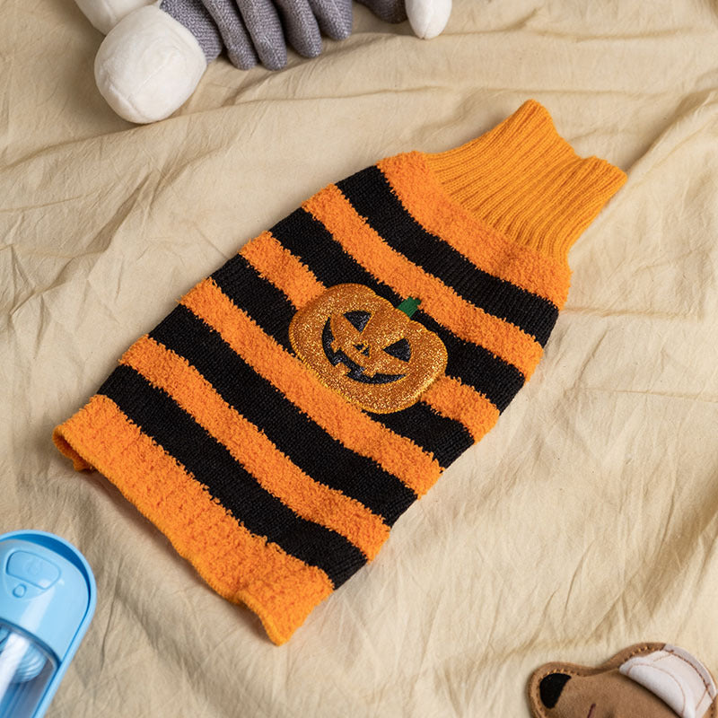Front view of orange striped Halloween dog jumper