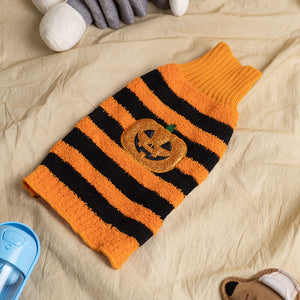 Front view of orange striped Halloween dog jumper