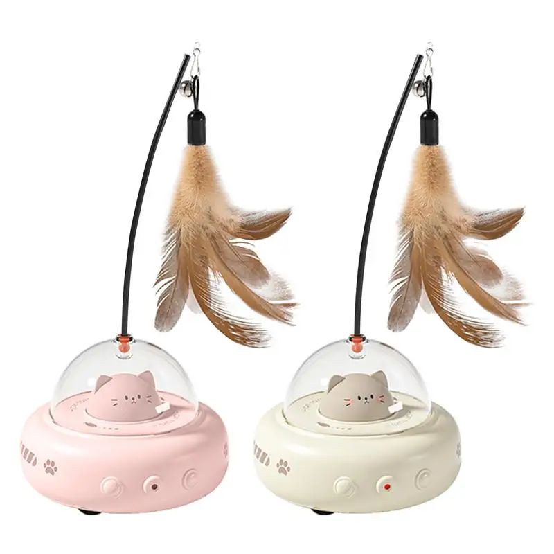 Automatic feather teaser toy moving to engage curious indoor cats